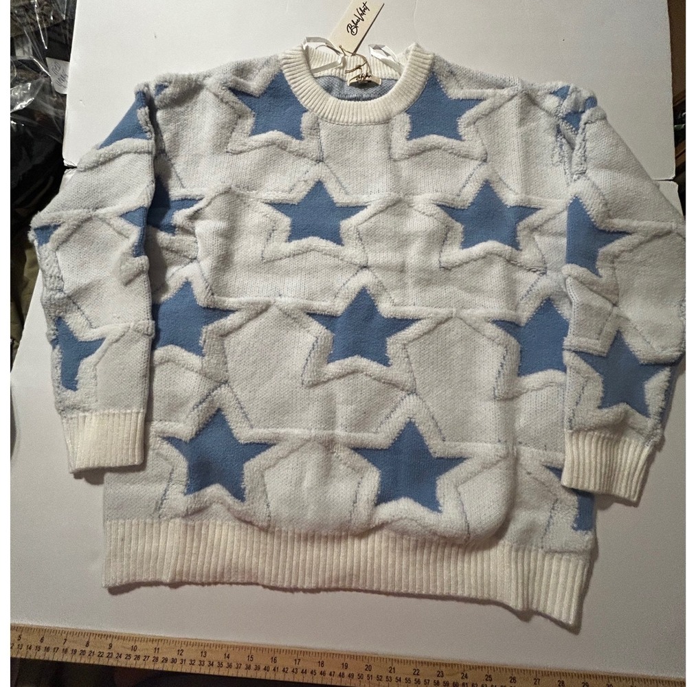 Blue Velvet White Blue Star Intarsia Knit Oversized Sweater M/L NEW Coquette